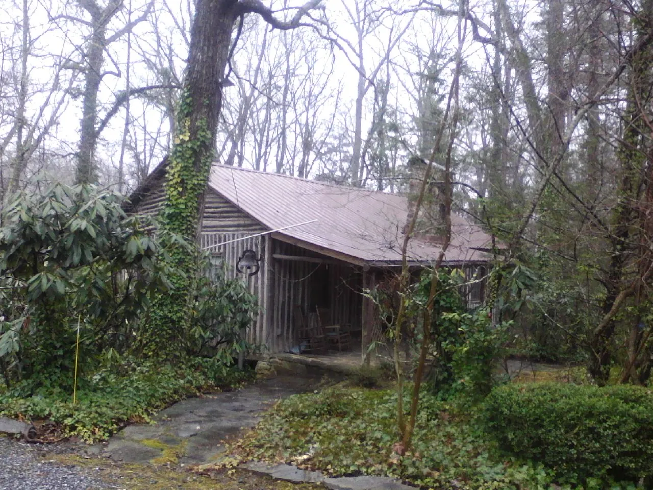 Weathered metal roof on an old board sided cabin in the woods in Upper Marlboro